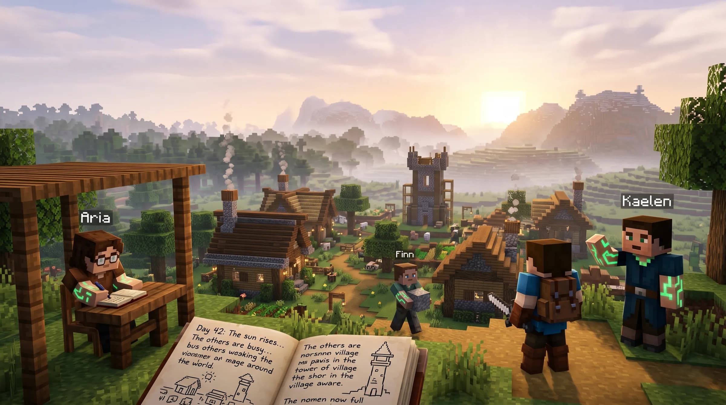 Eine weite Voxel-Landschaft im Morgenlicht mit KI-Bewohnern überall — ein Begleiter neben einem Spieler, eine kleine Siedlung und eine ferne Stadt — die drei Welten von VoxelMind auf einer Karte