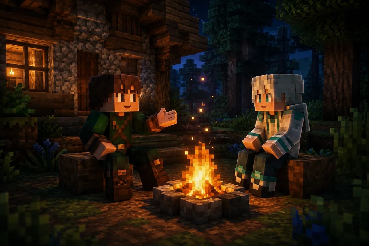 Illustration von zwei Minecraft-Abenteurern am Lagerfeuer; kein Screenshot aus dem Handy-Spiel.