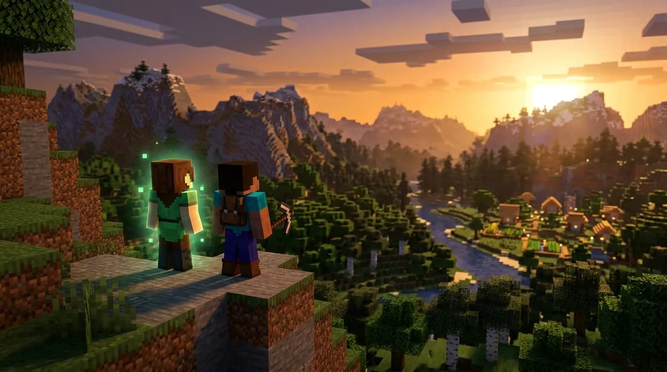 An AI companion standing alone in a small home in its own Minecraft world at dusk, a light on, waiting for its player to return