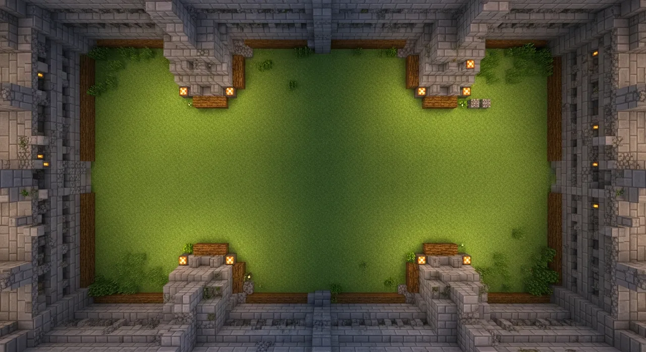 A perfectly symmetric Minecraft arena seen from above