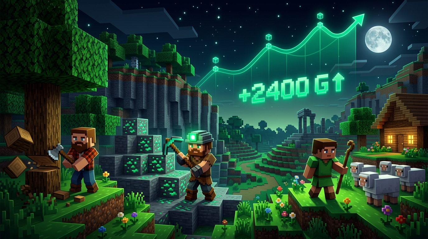 Blocky AI inhabitants gathering, mining and herding in a voxel world while a glowing GDP graph climbs above them