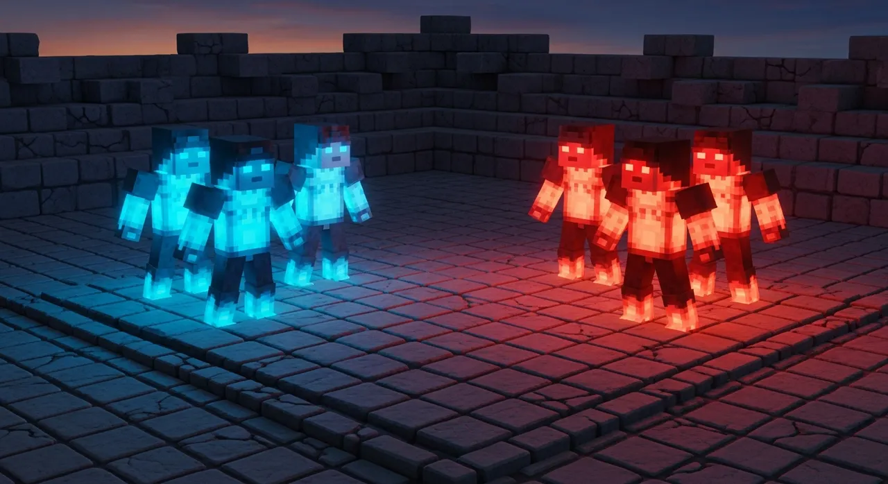 Two teams of blocky AI bots — one blue, one red — facing off across a Minecraft arena