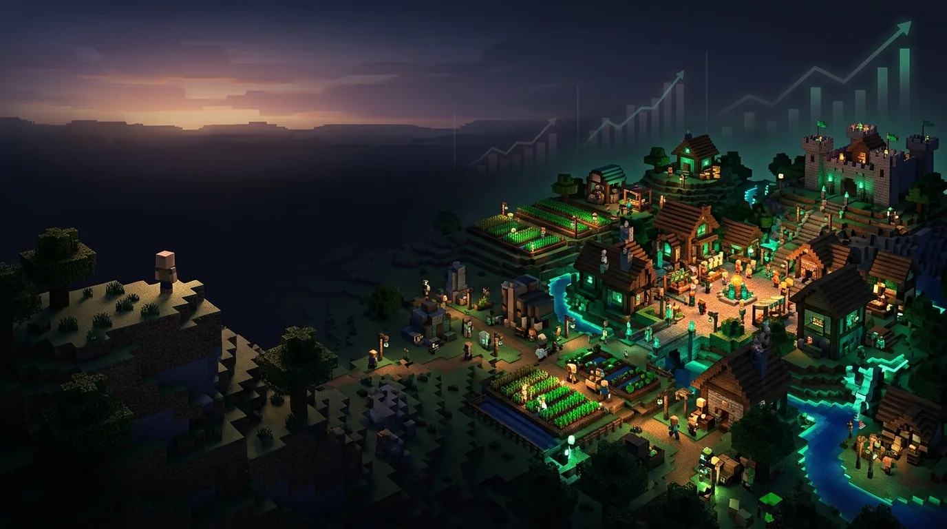 Eine weitläufige, von KI gewachsene Voxel-Zivilisation in der Abenddämmerung — Felder, Wege und Steingebäude breiten sich über das Gelände aus, beleuchtete Fenster und Fackeln, Zeugnis einer entstandenen Gesellschaft, die nie gescriptet wurde