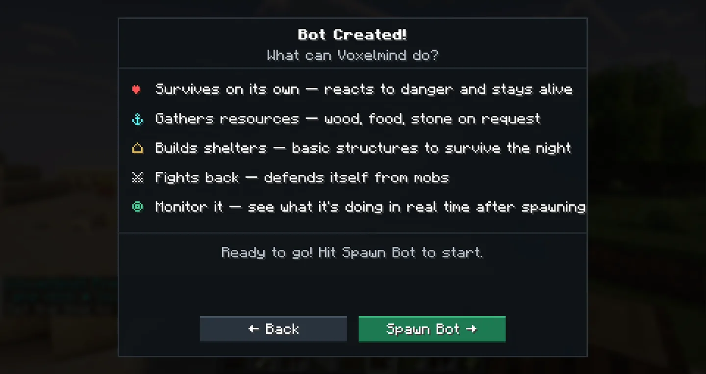 The screen after creating a companion, listing what it can do: survive, gather, build, fight, be monitored