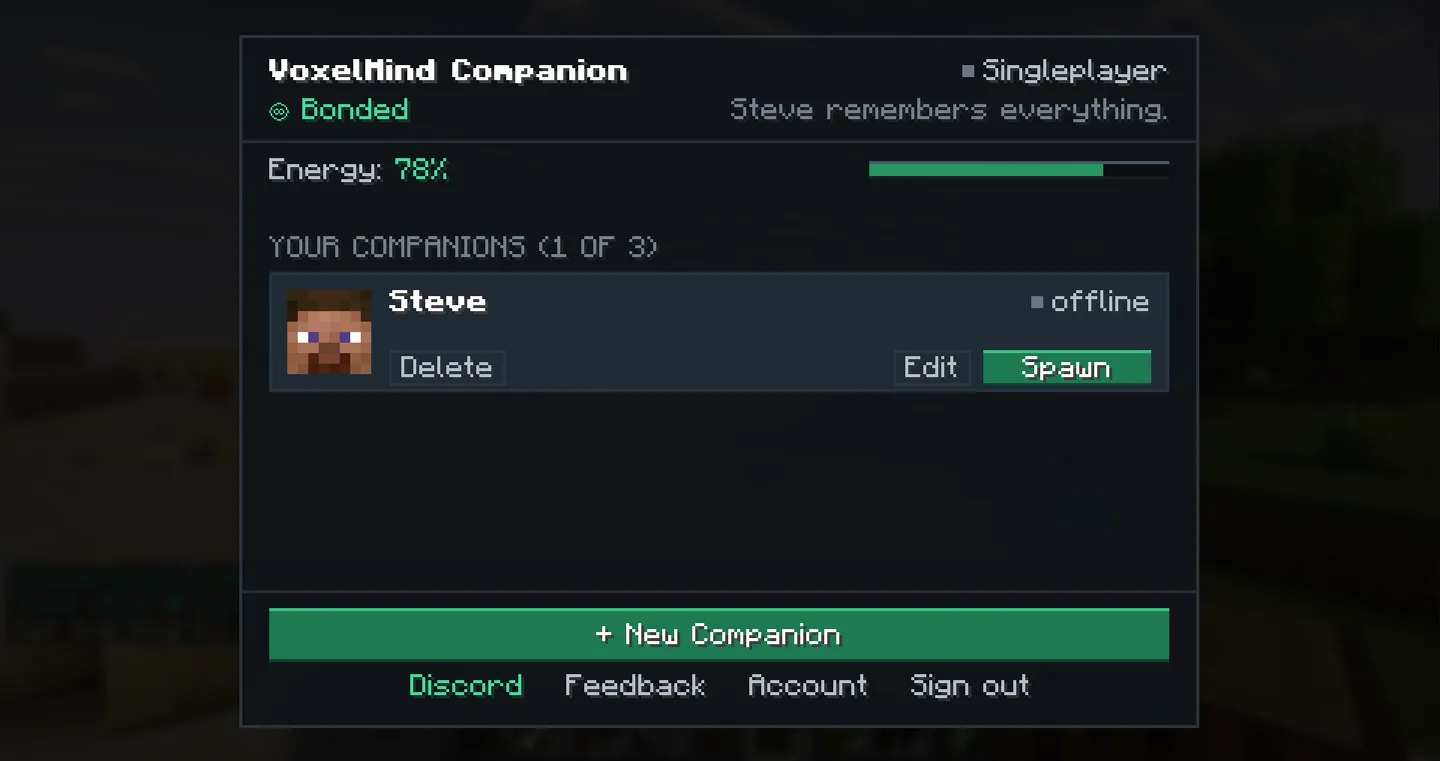 The VoxelMind companion menu showing energy, a companion list and a spawn button