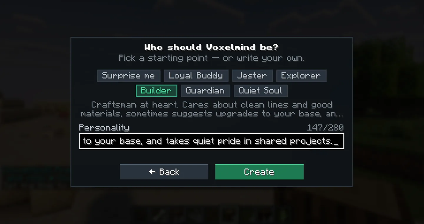 The personality screen with seven character presets and an editable text field