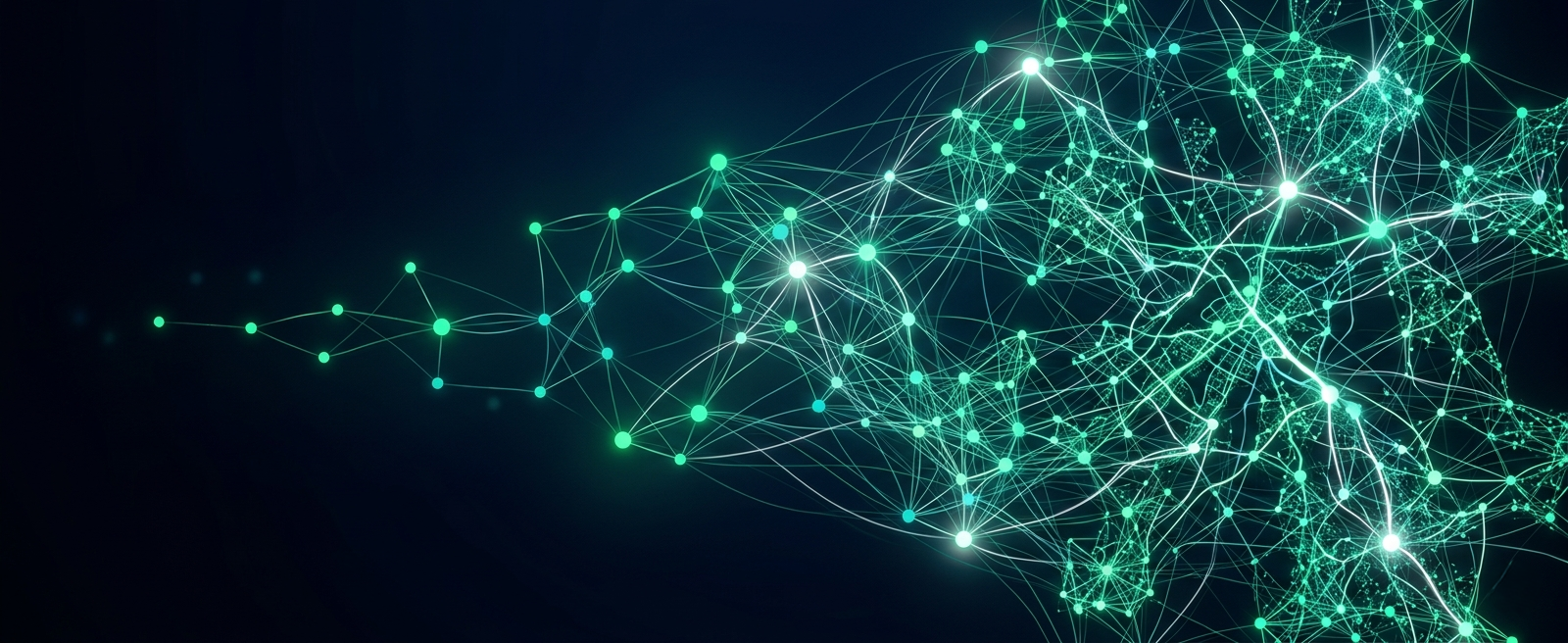 Abstract visualization of interconnected AI agents forming emergent network structures — nodes and connections growing from simple to complex