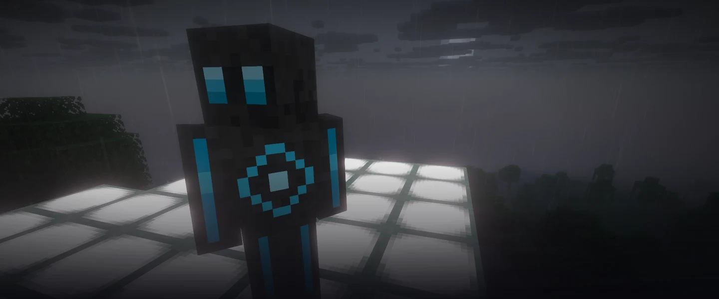 Ein dunkler VoxelMind-Companion mit leuchtend blauen Augen steht im Regen auf der weißen Hub-Plattform
