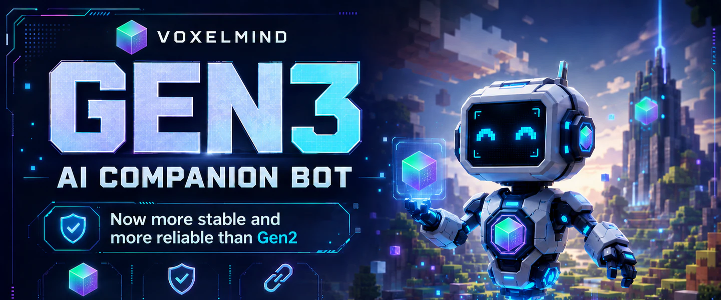 VoxelMind-GEN3-Ankündigung mit einem freundlichen futuristischen KI-Companion über einer Minecraft-Landschaft und einem Hinweis auf höhere Stabilität