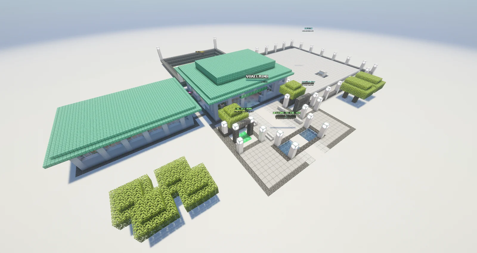 Aerial view of the newly built VoxelMind hub: reception hall, plaza with water basins, showroom courtyard and arena