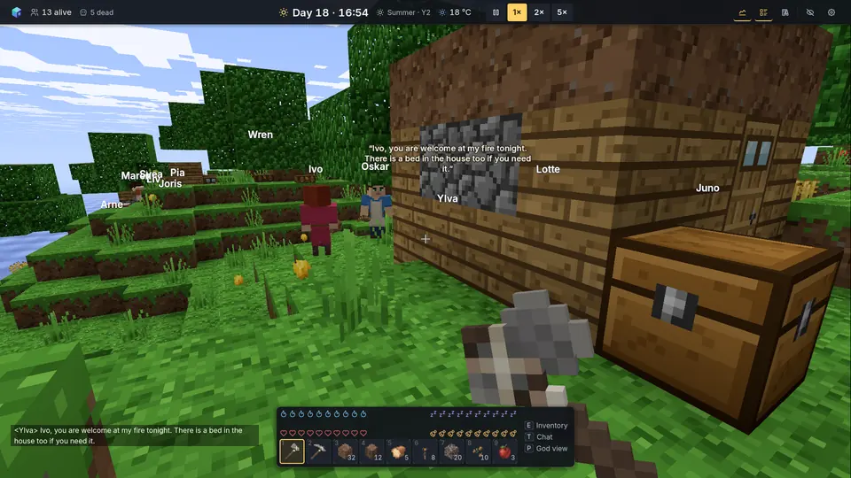 First-person view in front of a wooden house and a chest, axe in hand. Villagers with name labels stand around, and one invites Ivo to the fire tonight.