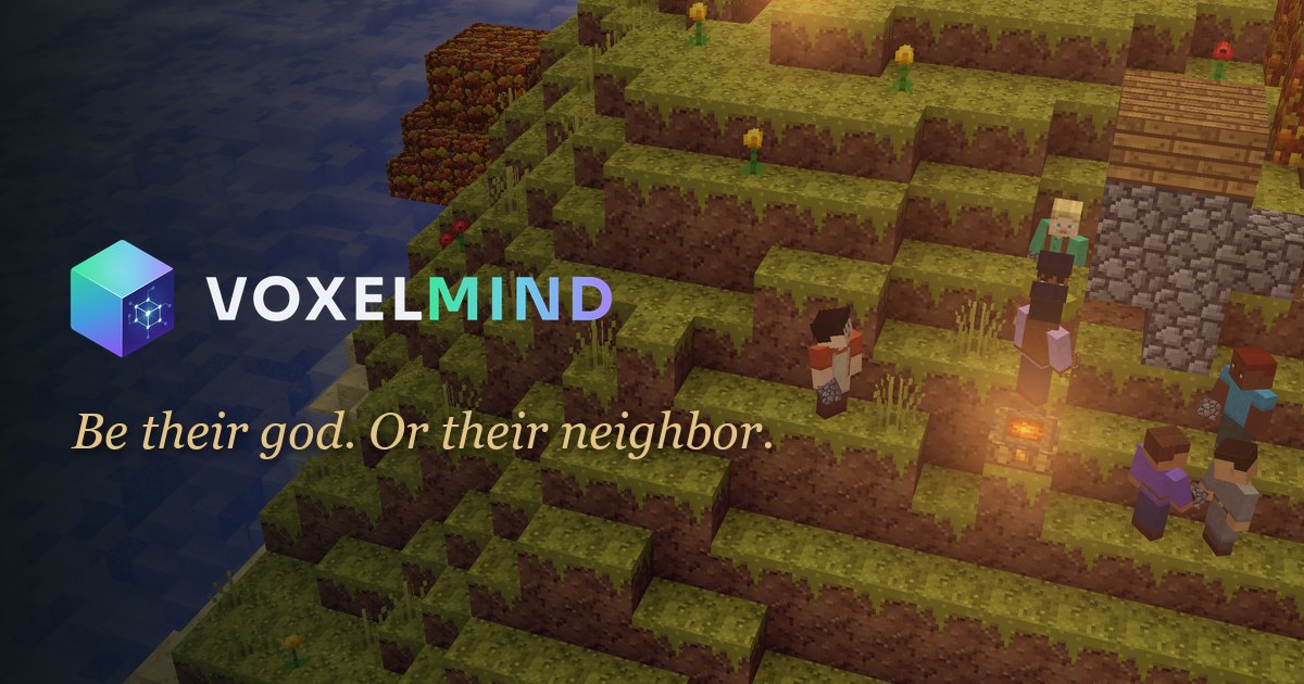 A green voxel village by day, seen from above. The villagers carry name labels, and a panel on the left tracks the village.