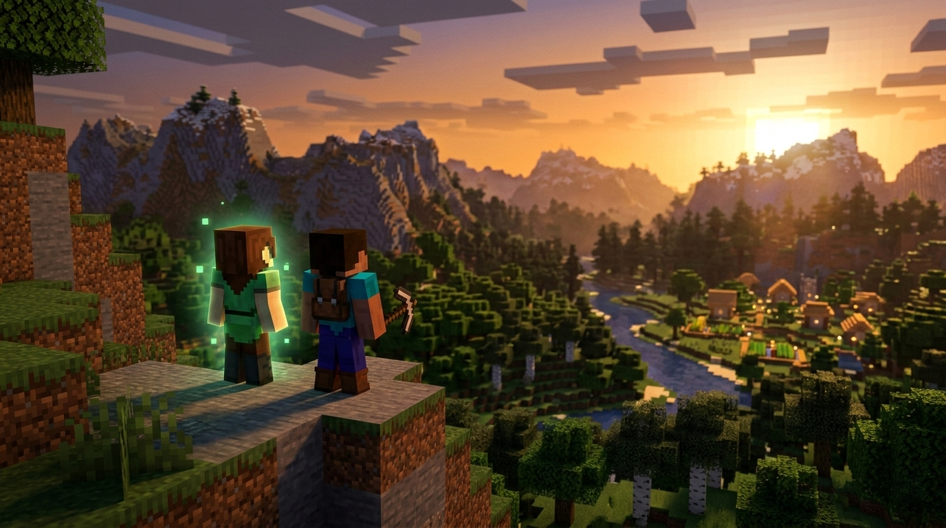 Two Minecraft players standing together on a cliff overlooking a village at sunset — one glowing with green AI neural network effects