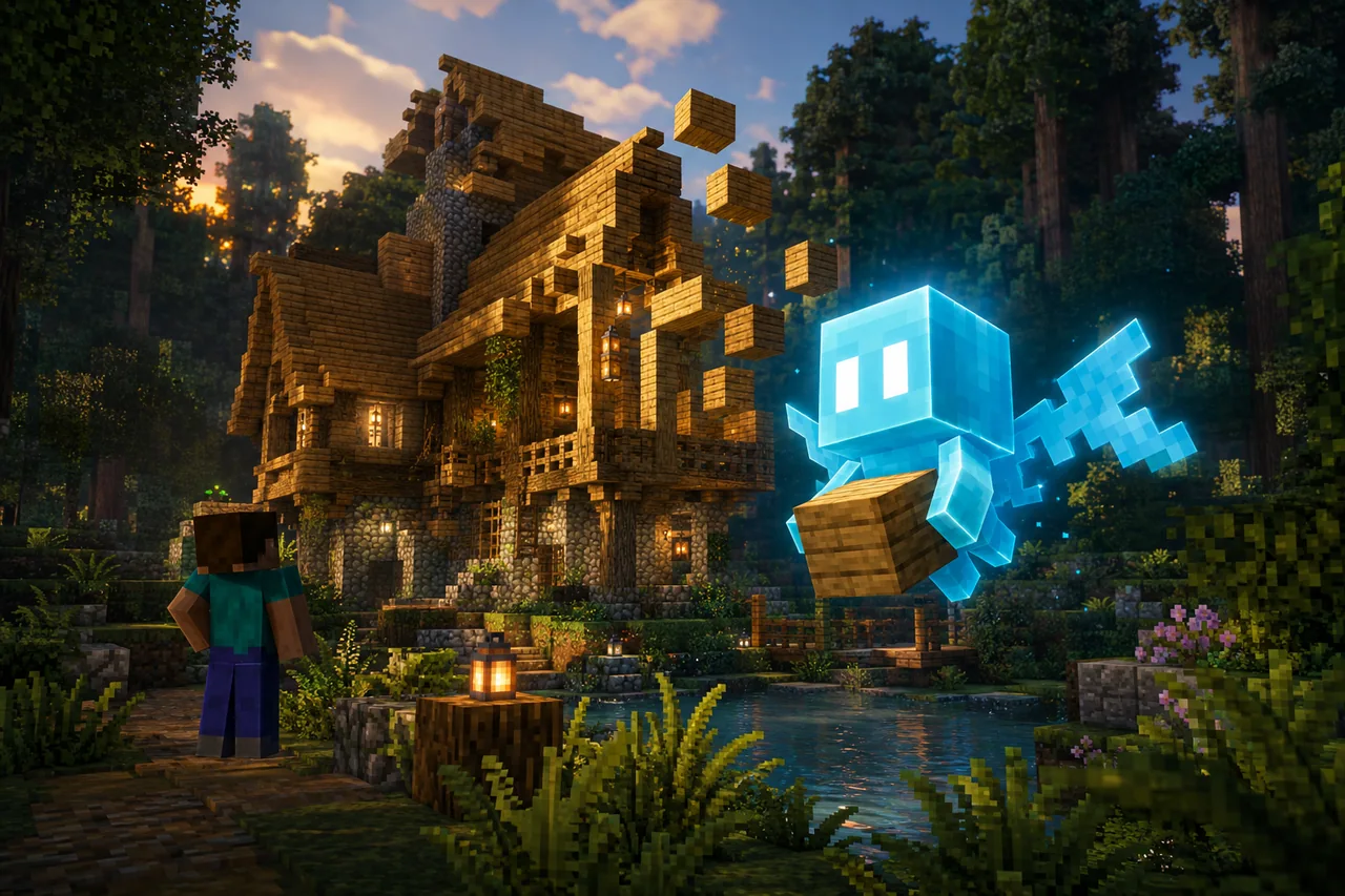 Illustration of a small cyan fairy next to a Minecraft house under construction.