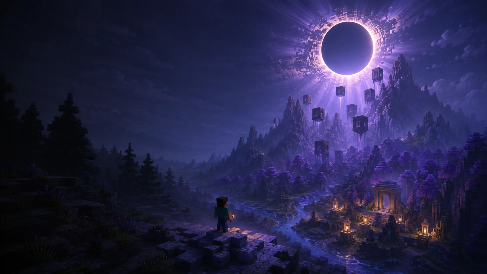 Illustration of a mysterious circle of light above a Minecraft valley at night.